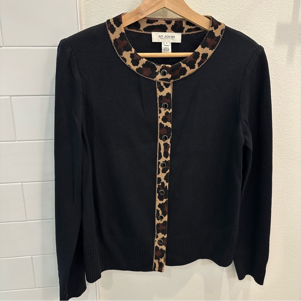 St. John Black Sweater with Animal Print Accents